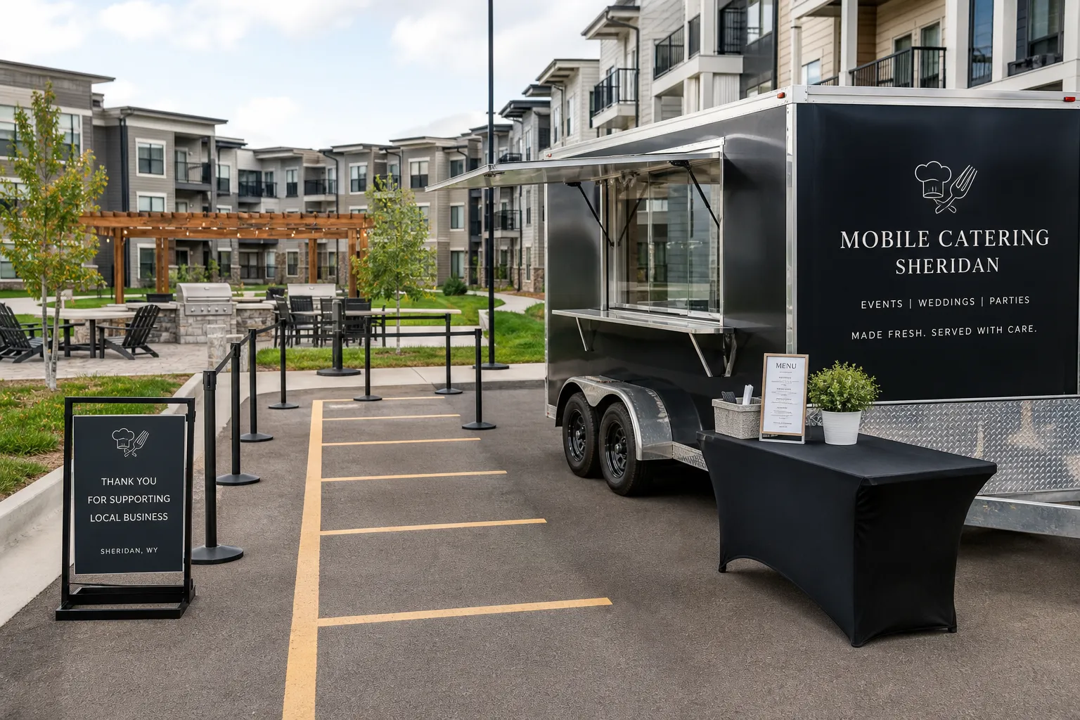 Mobile caterer setup in Sheridan apartment community with organized service area