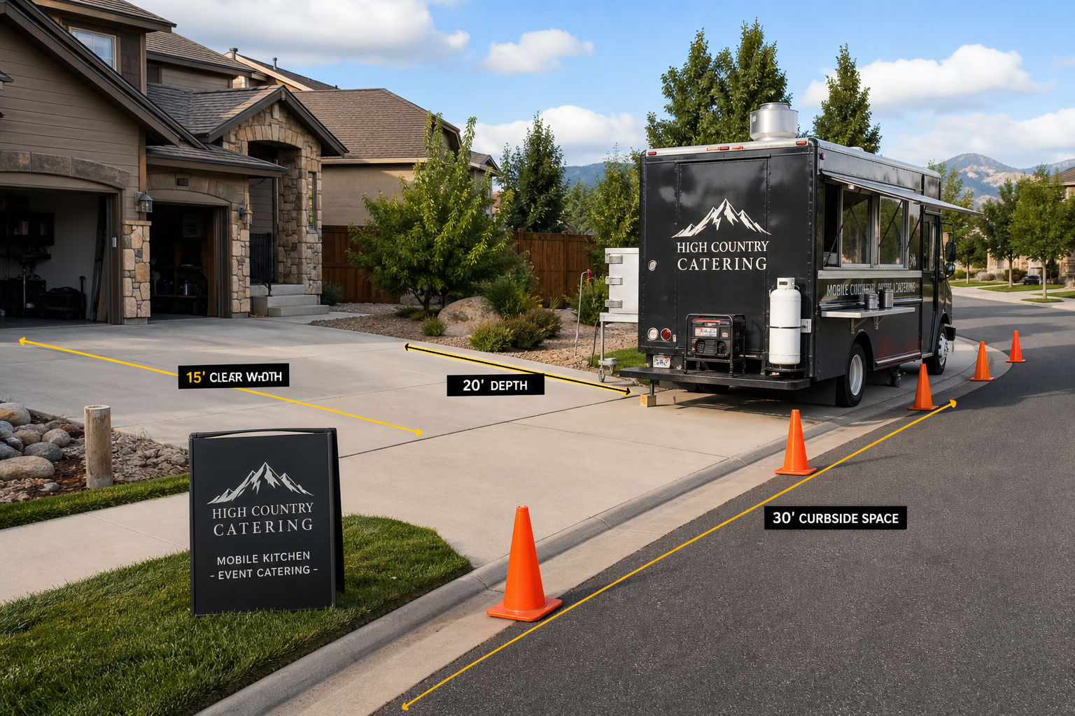 Mobile catering truck positioned with planned parking access at a residential event