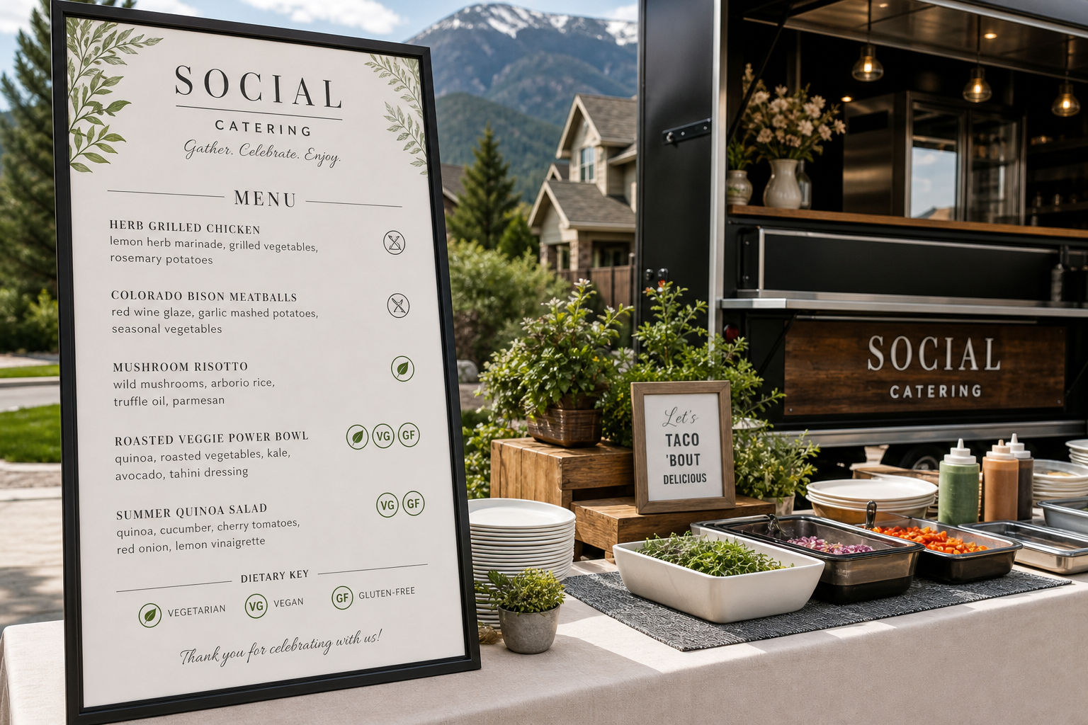 Clearly labeled mobile catering station with dietary-friendly menu options