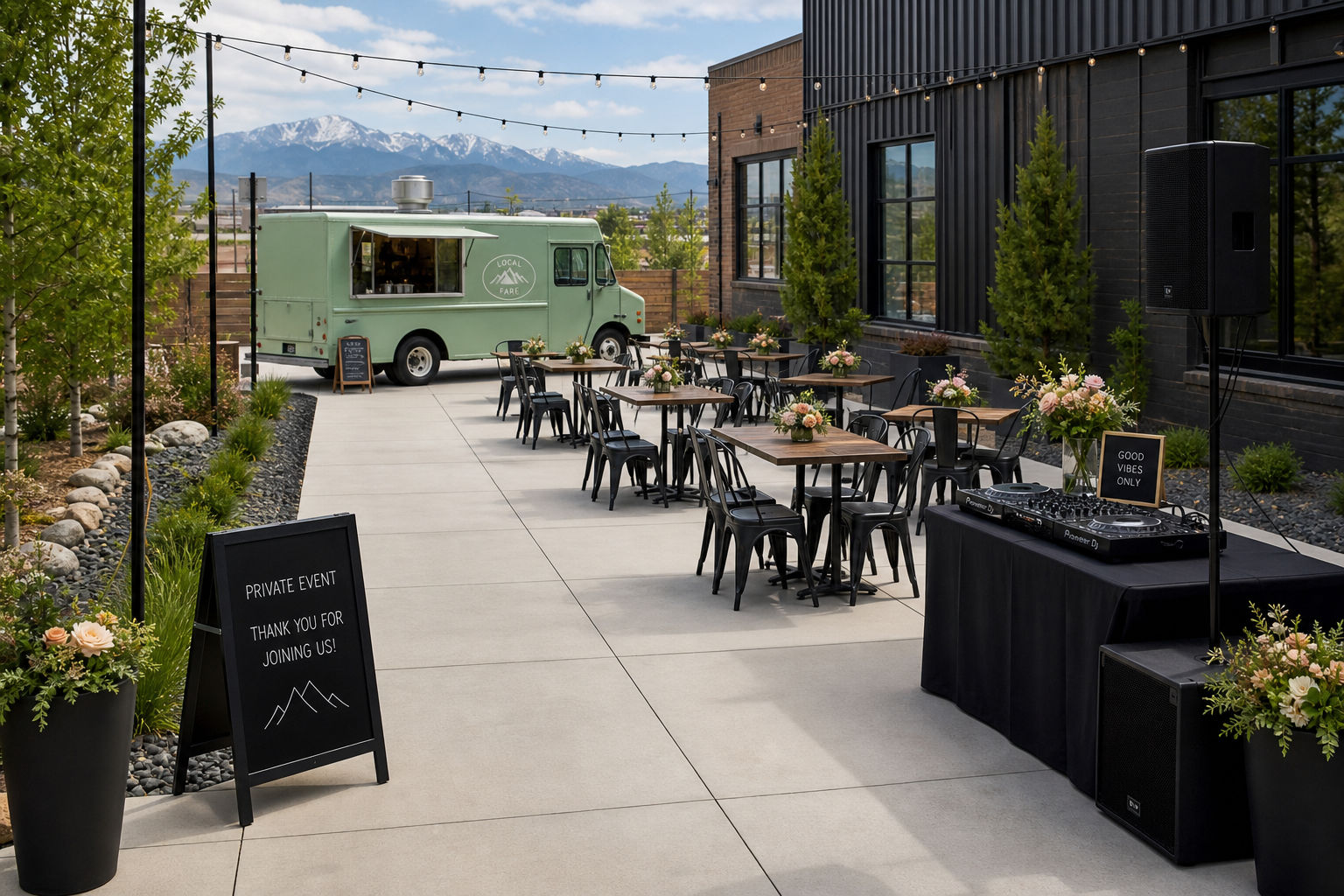 Mobile catered event setup showing planned vendor order and clear guest pathways
