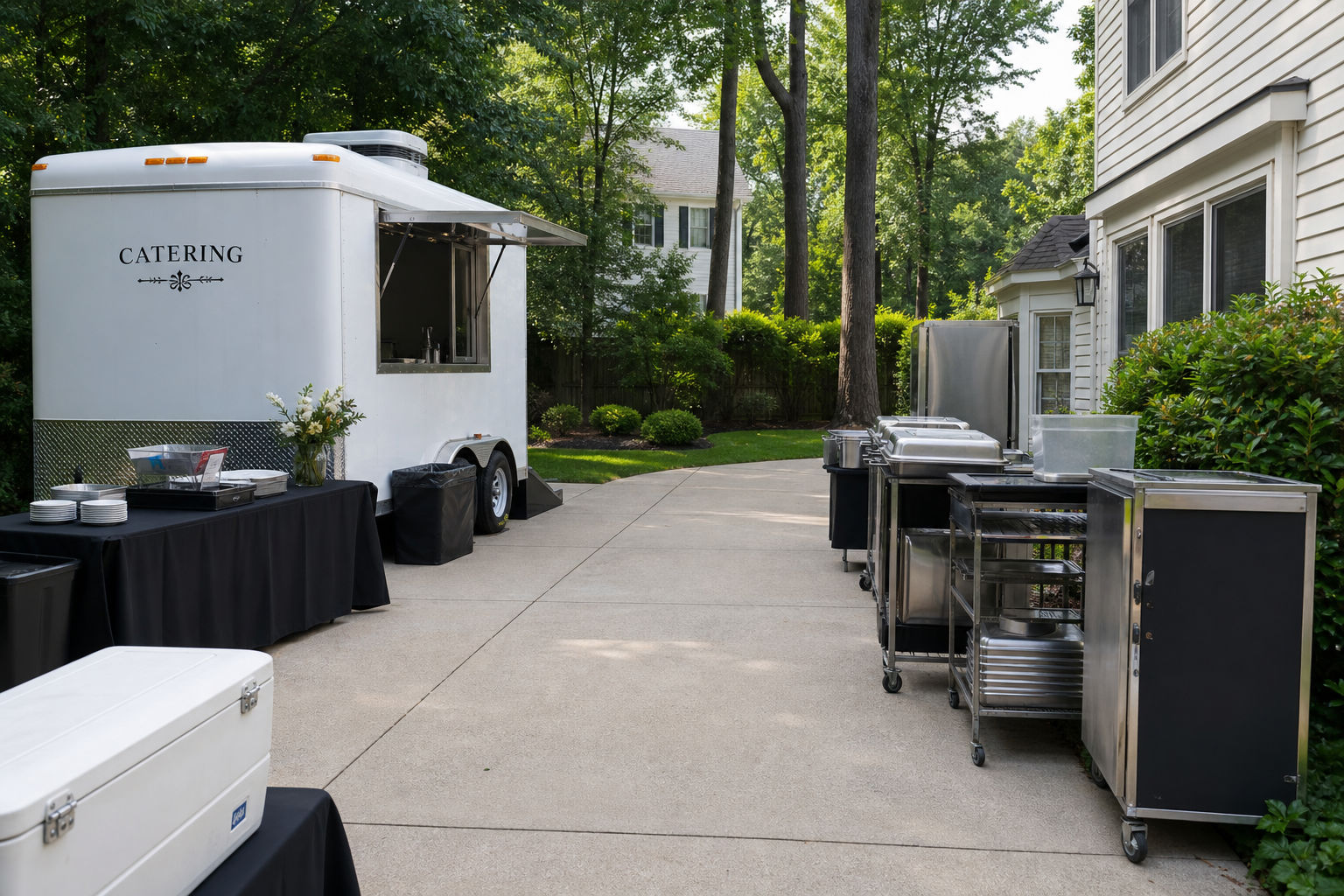 Mobile caterer setup and service access planning at a private home event