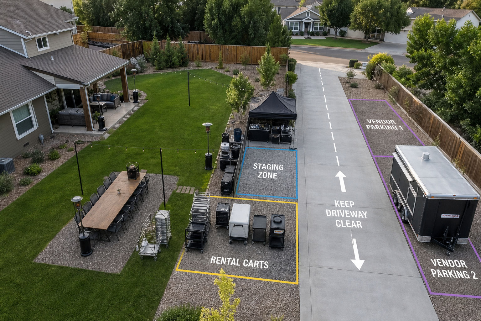 Organized vendor staging area for a mobile catered event with clear access routes