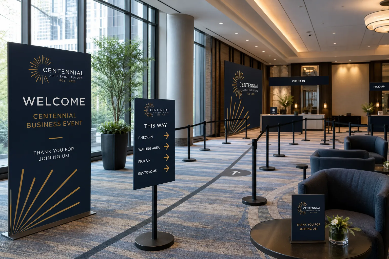 Branded crowd flow setup for a business event in Centennial