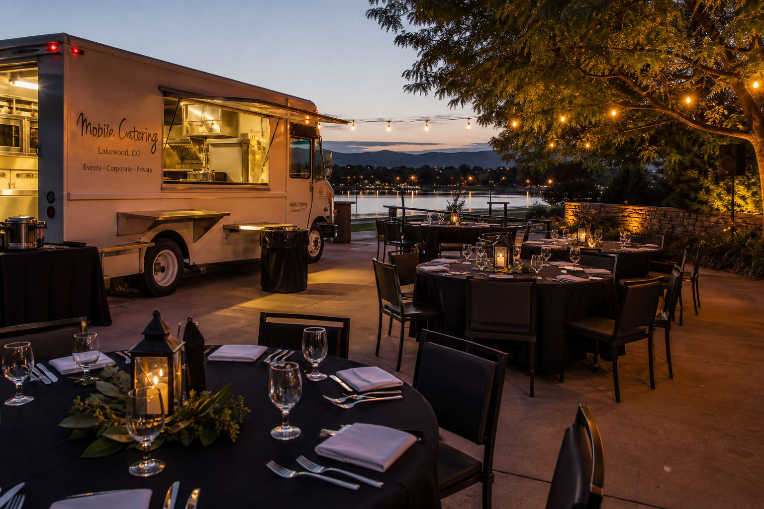 Well-timed mobile caterer event setup in Lakewood with orderly evening service