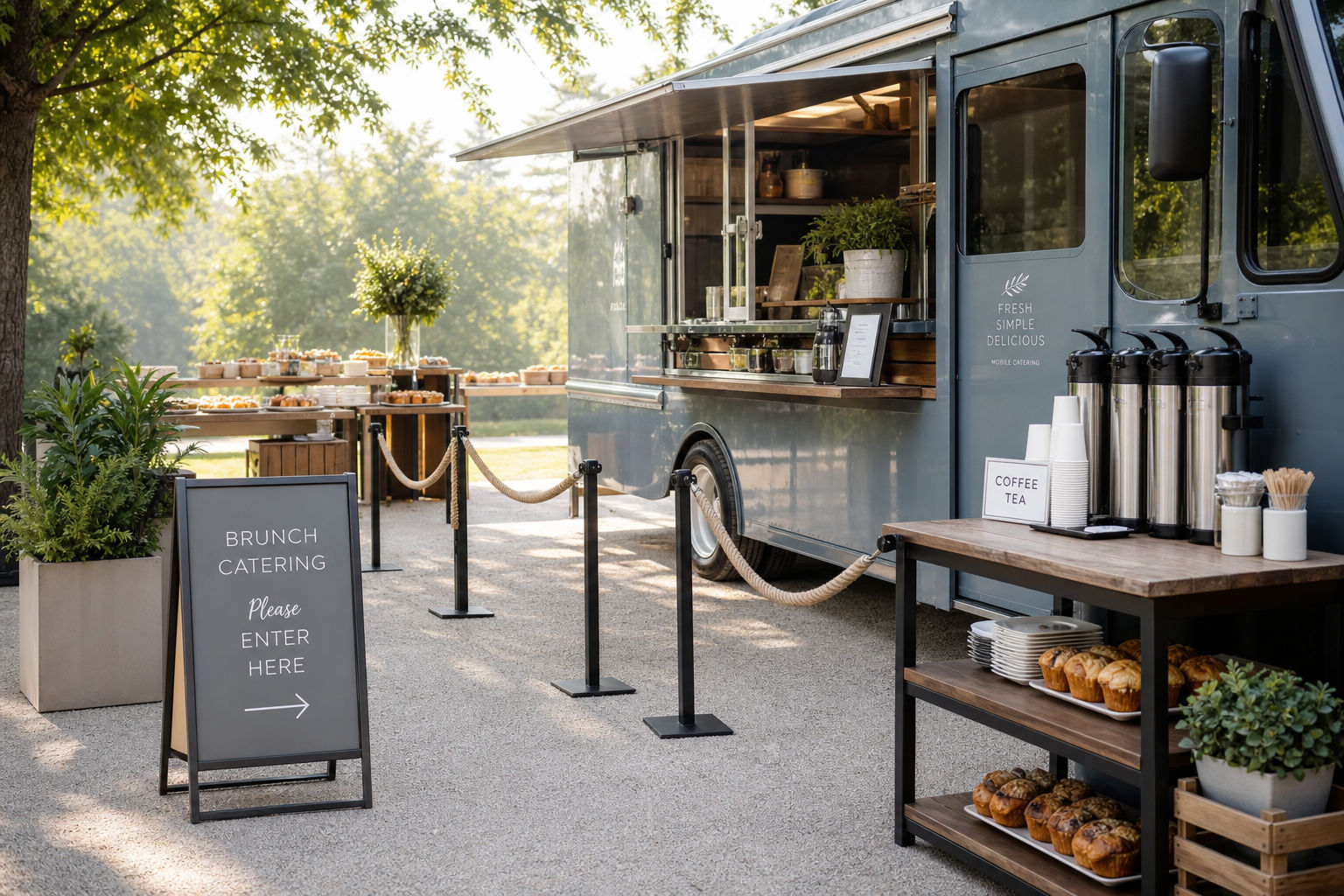 Mobile catered brunch setup with coffee service and organized morning event layout