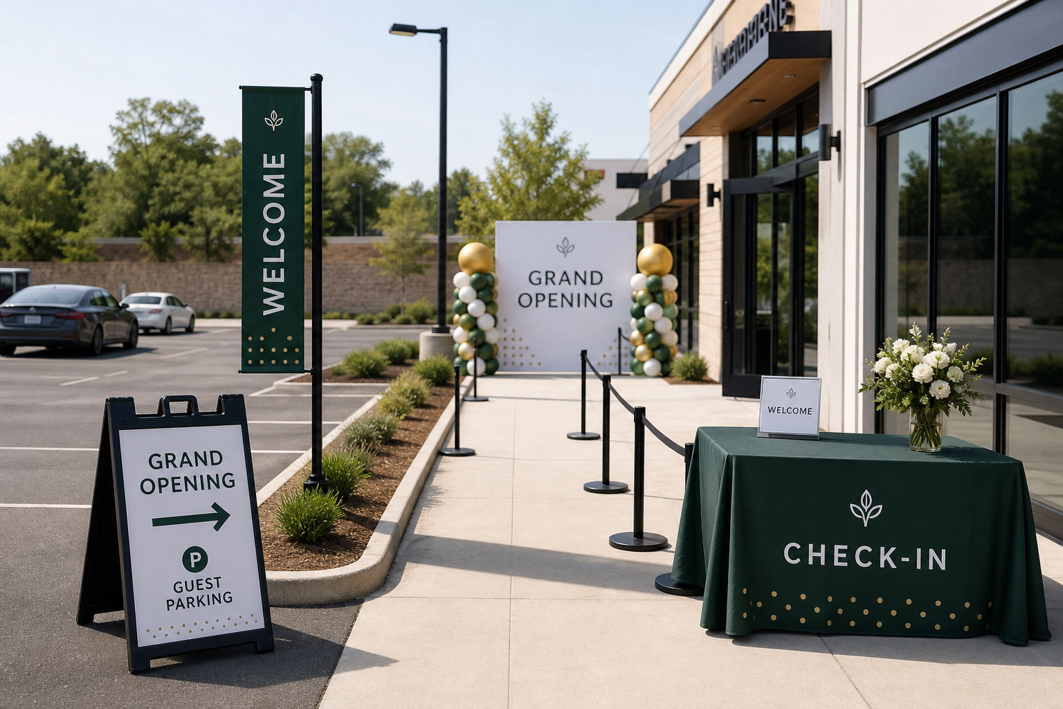 Organized guest arrival setup for a business grand opening