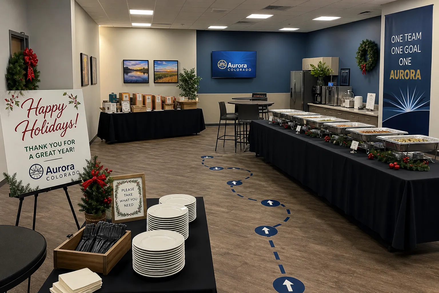 Office holiday party serving area in Aurora arranged for takeout restaurant catering