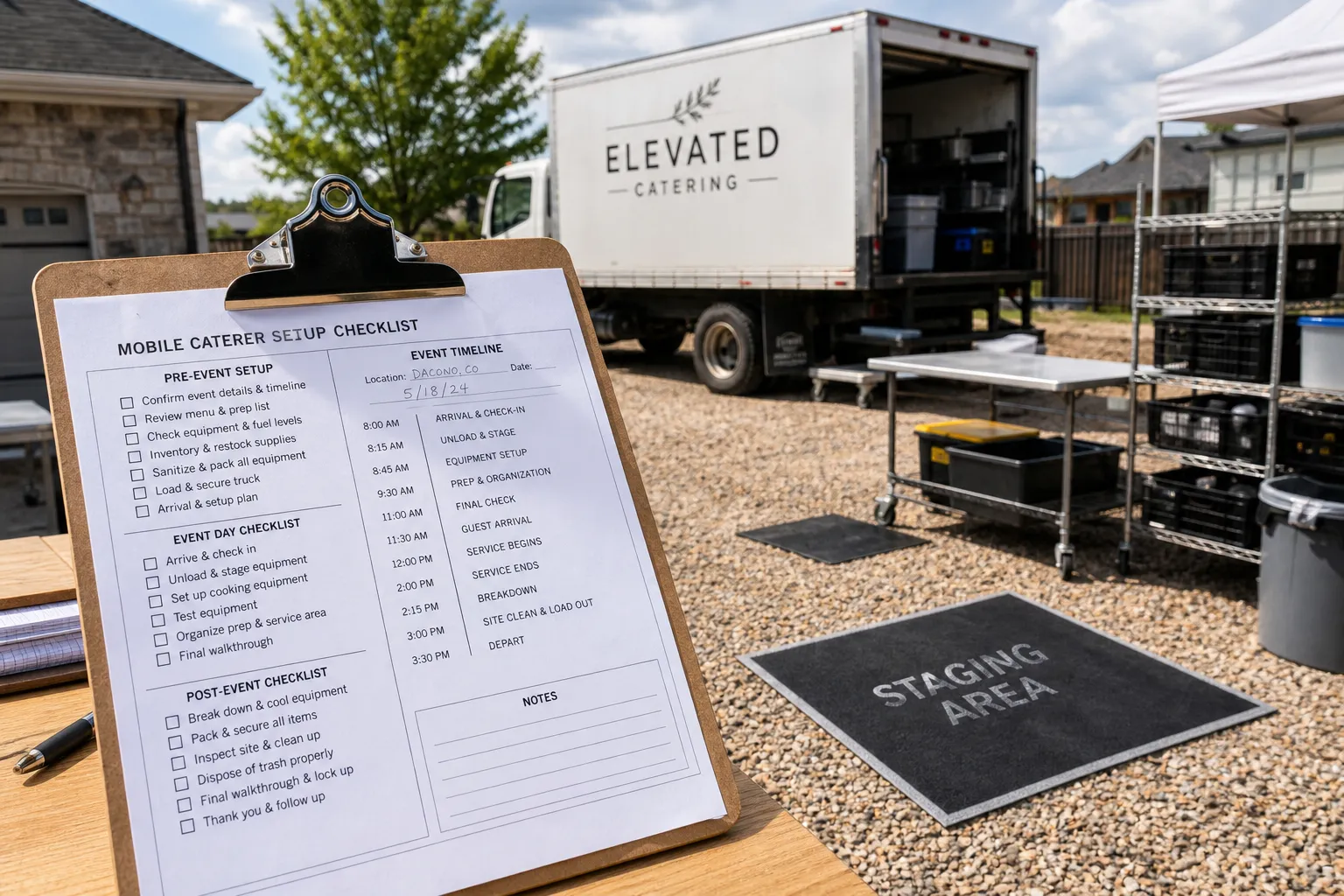 Mobile caterer setup timeline and staging plan for a private event in Dacono