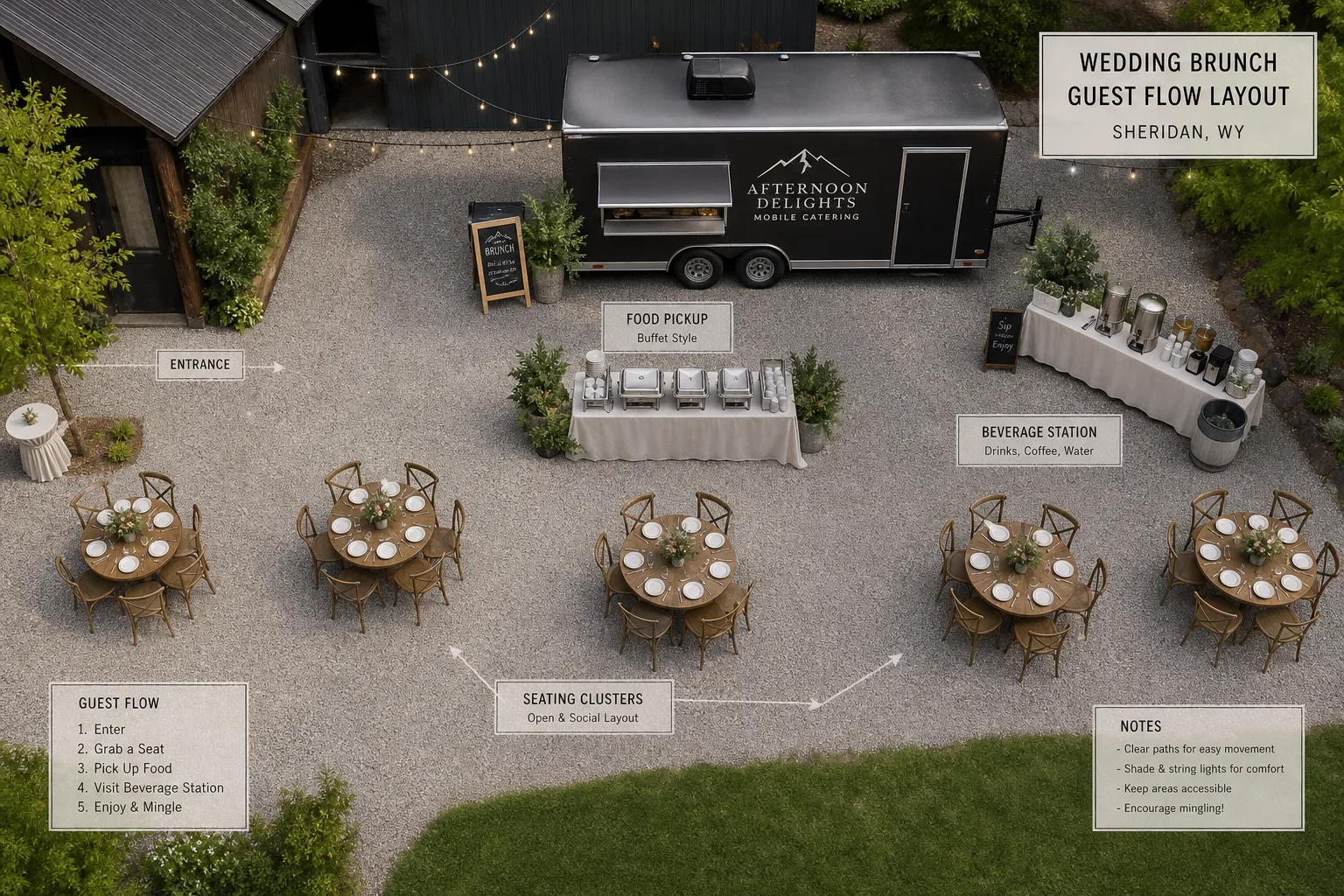 Relaxed wedding brunch layout with mobile caterer service in Sheridan