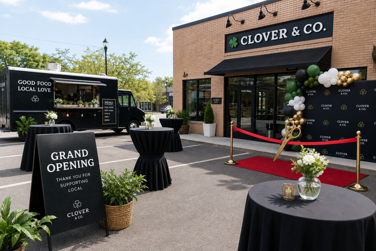 Well-planned grand opening layout with mobile catering and branded presentation