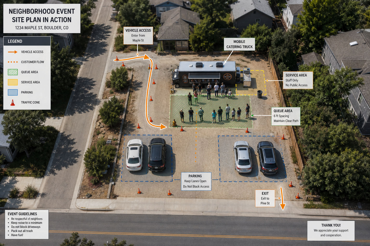 Mobile catering setup with organized parking and access plan for a neighborhood event