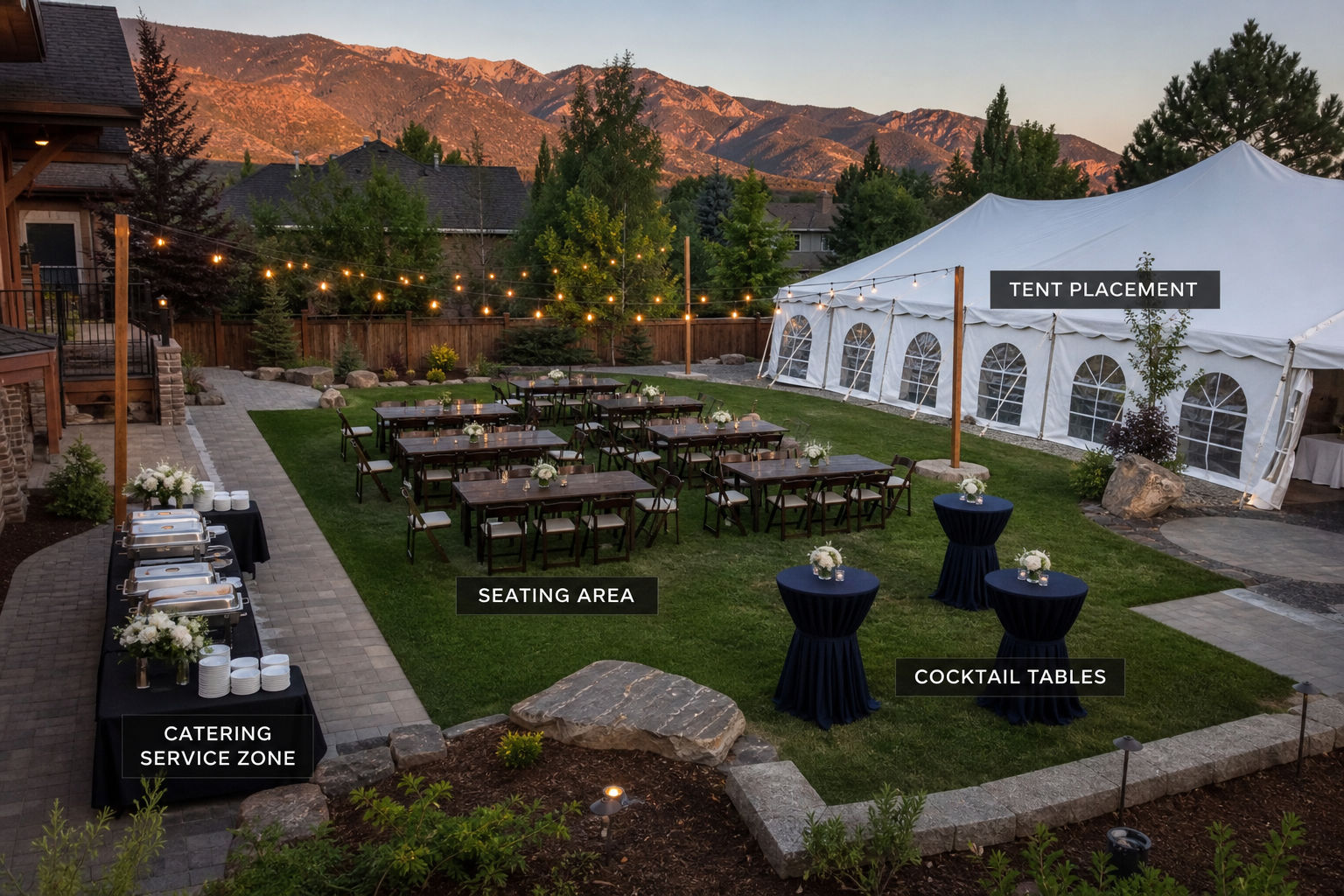 Planned private event layout with seating, catering access, and rental setup