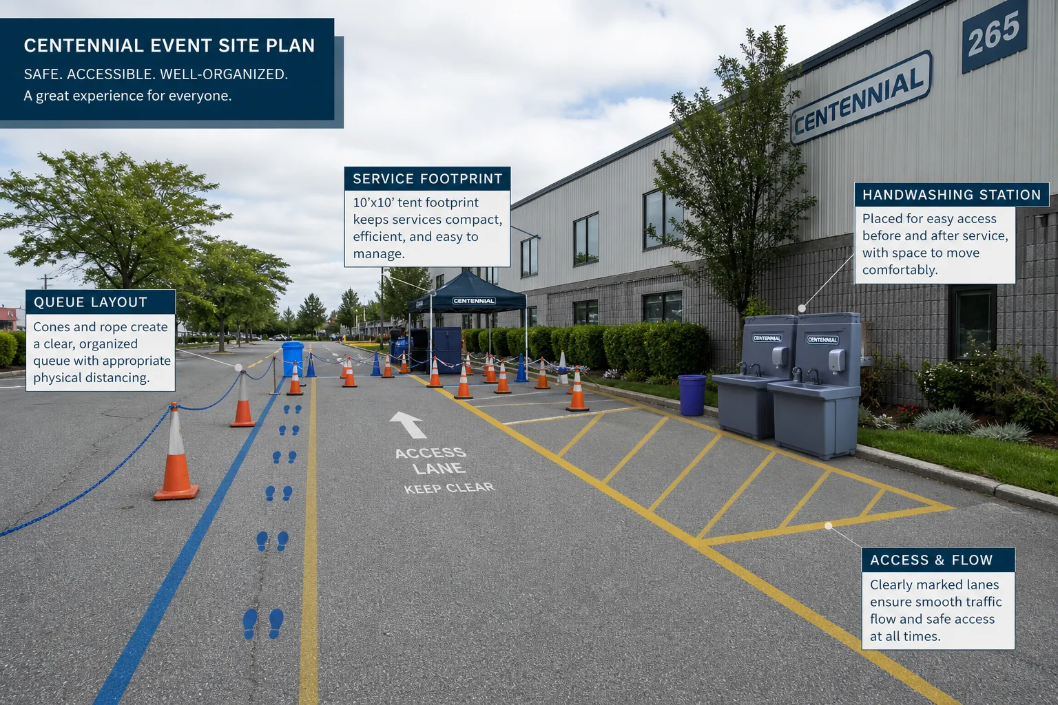 Site access and service layout plan for a Centennial business event