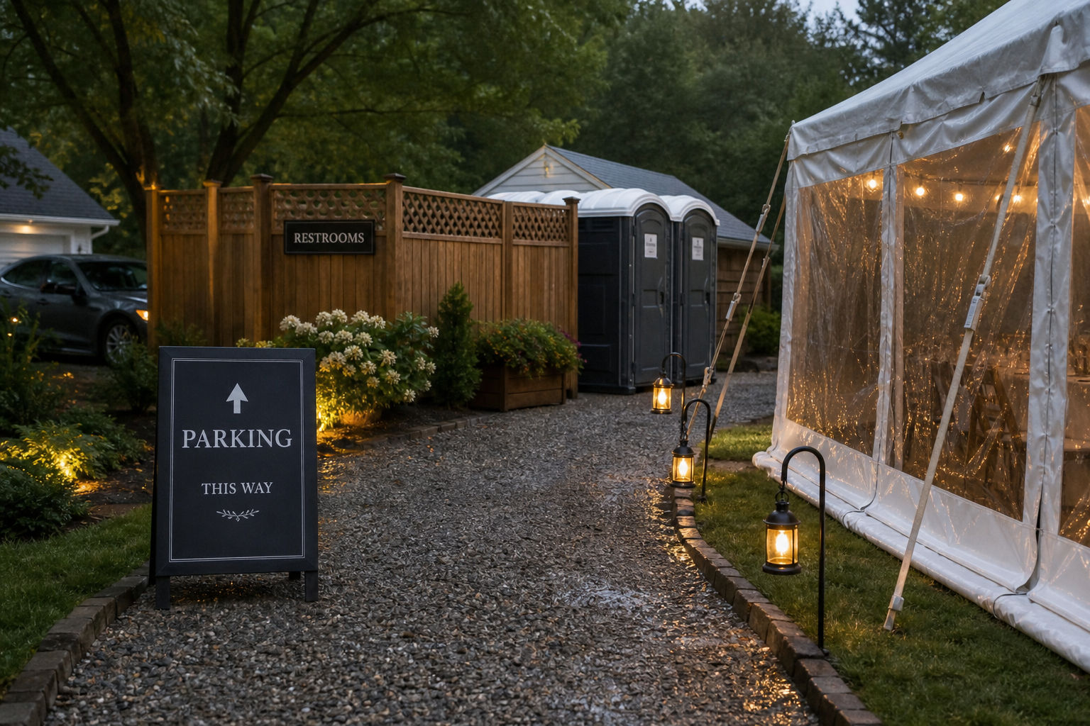 Backyard wedding backup planning with tent protection, signage, and guest amenities
