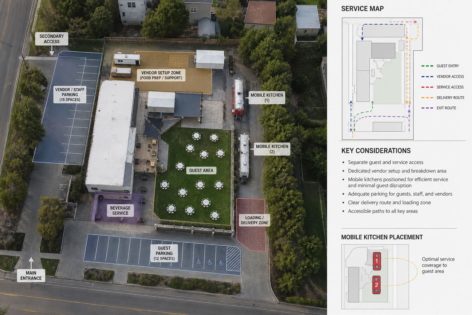 Compact event site plan with coordinated vendor and catering logistics