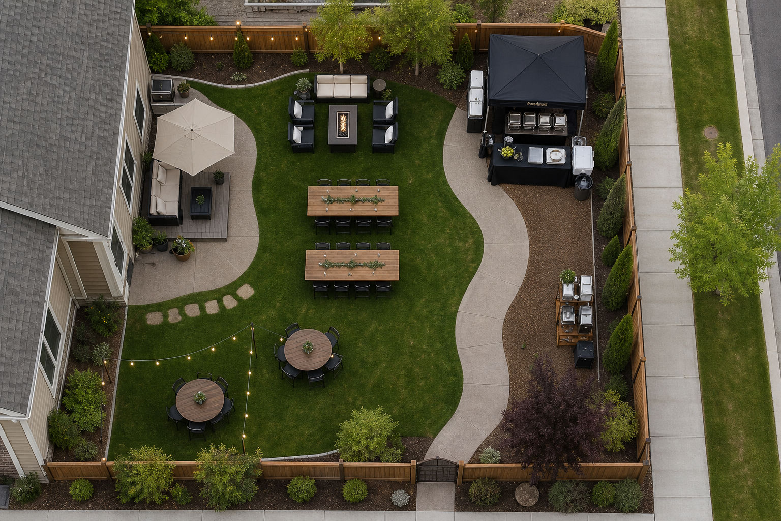 Compact backyard event layout with clear guest flow and catering zone
