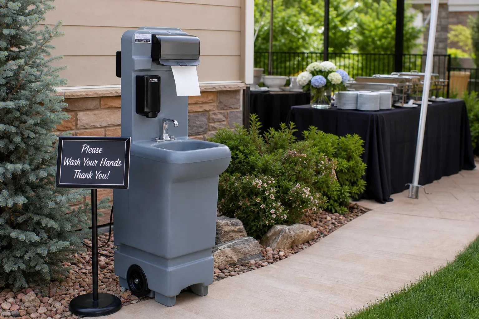 Handwashing station set up near outdoor food service for a private event in Centennial