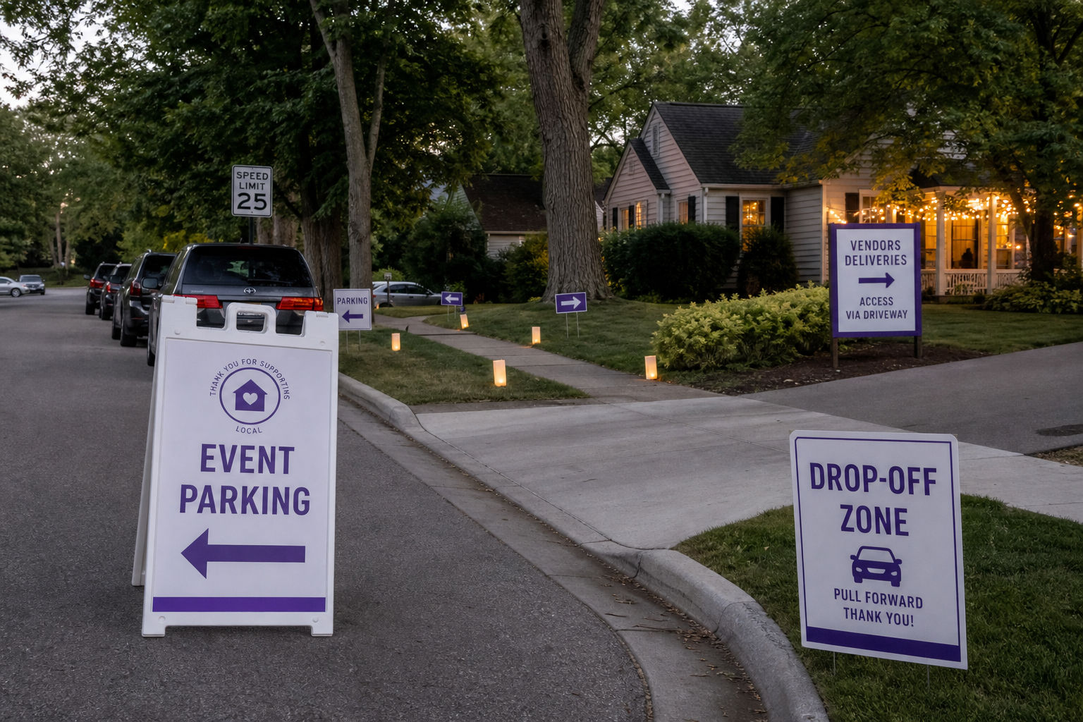 Home-based event parking signs guiding guests, drop-off, and vendor access in a neighborhood