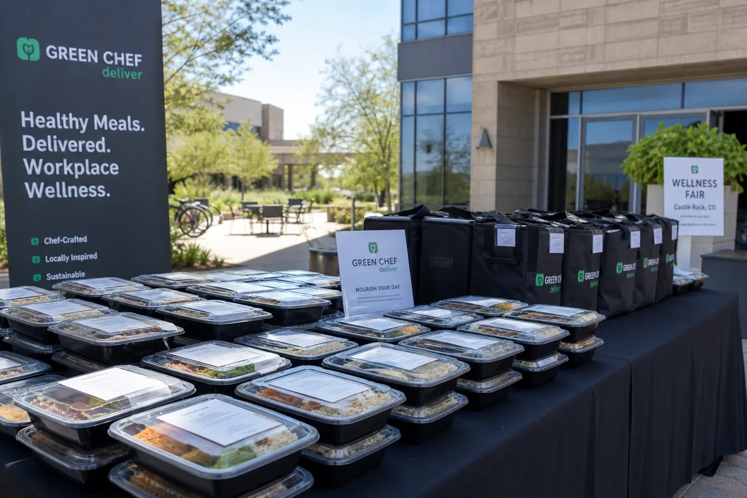 Organized delivery service meal staging for a corporate wellness fair in Castle Rock