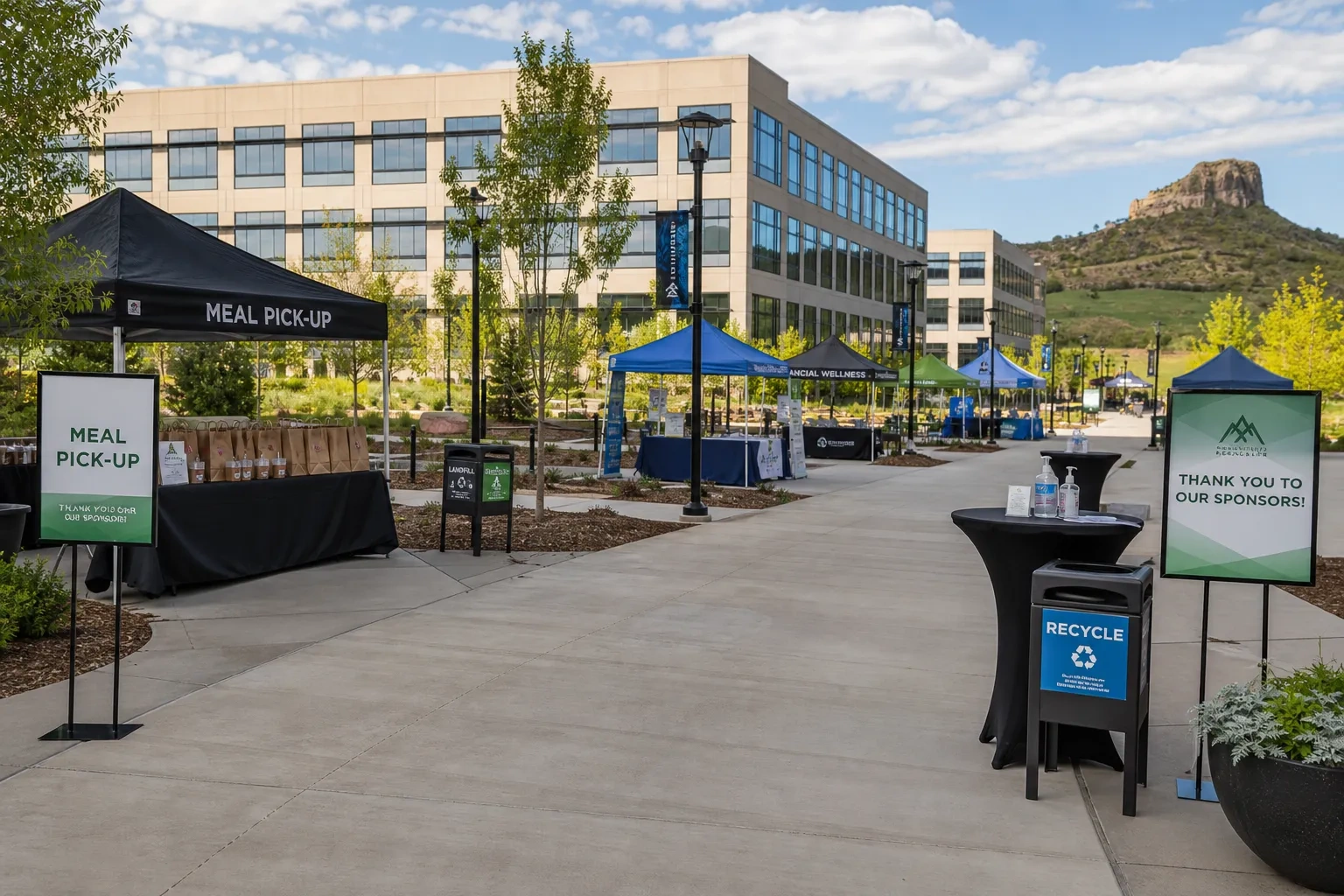 Outdoor wellness fair layout with delivery service pickup flow in Castle Rock
